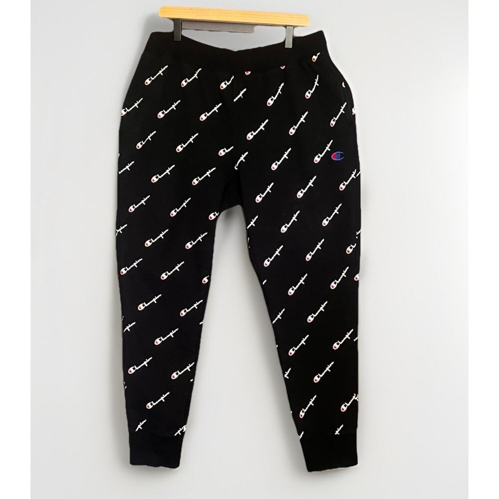 Champion Reverse Weave Joggers Sweat Pants Sz XL Black All Over Print Logo